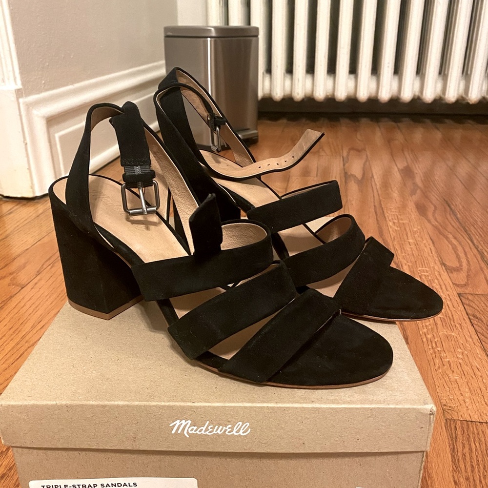 Madewell Black Suede Triple-Strap Block Heel Sandals